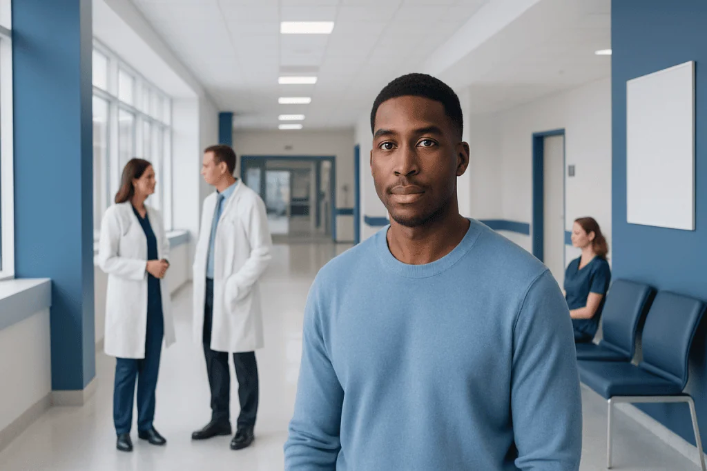 Black Male Nose Job: How Rhinoplasty Can Preserve Features 1 Young Black man in hospital corridor with doctors and nurse in background.