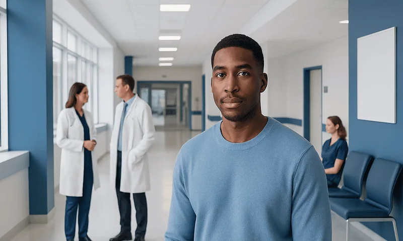Young Black man in hospital corridor with doctors and nurse in background.