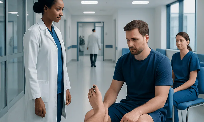 Patient consulting with healthcare professionals in a hospital corridor.