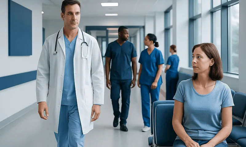 Medical team in hospital corridor with patient waiting area.