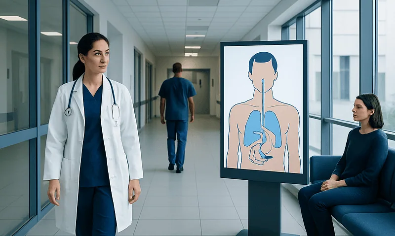 Medical professional and patient in hospital corridor with digestive system diagram.