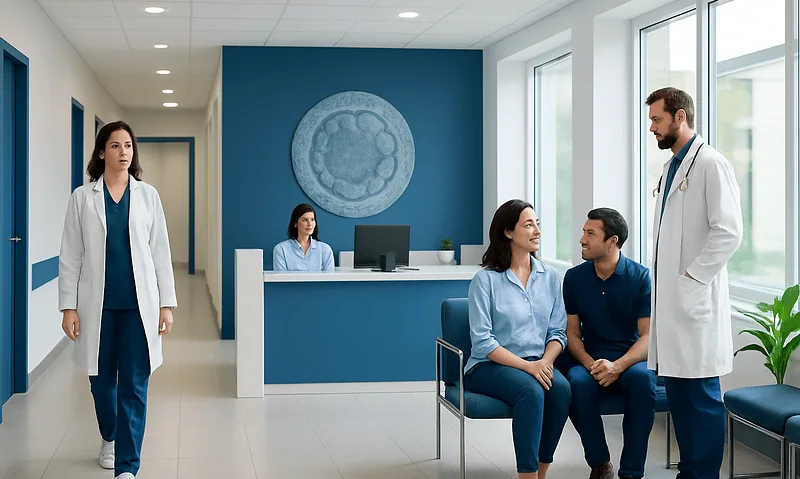 Medical team discussing patient care in a modern hospital corridor.