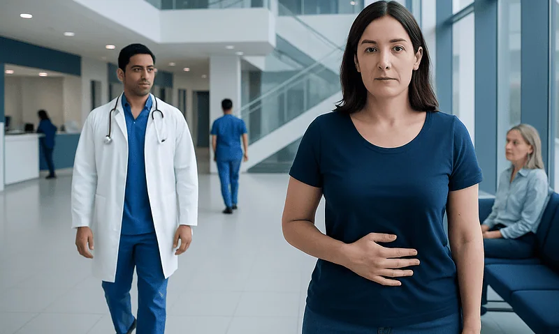 Woman with stomach pain in hospital lobby with medical staff nearby.