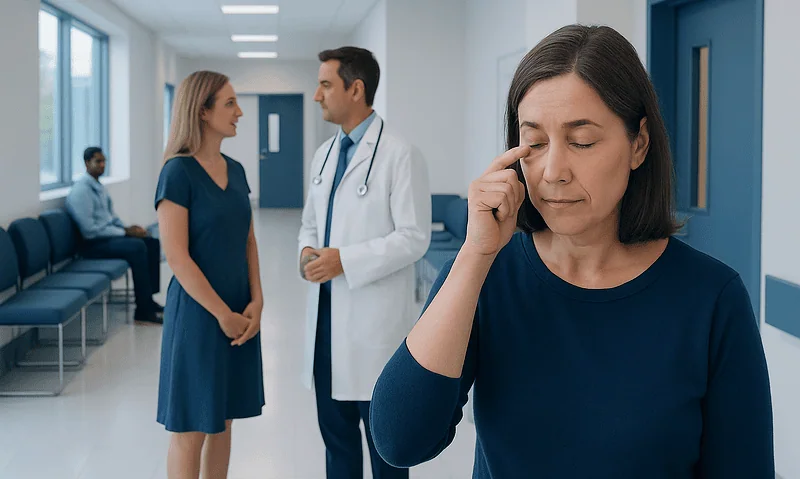 Woman experiencing eye discomfort in a hospital corridor with medical staff nearby.