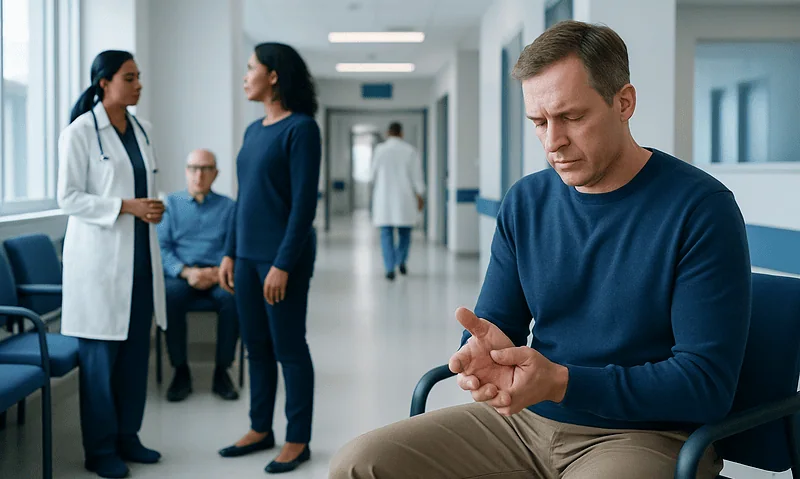 Blood clot in hand: Symptoms, Causes, and Treatment — Complete Patient Guide 16 Man with hand pain in hospital corridor, seeking medical help.