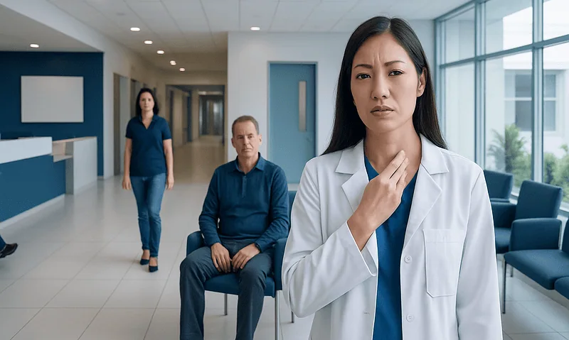 Blood clot in neck: Symptoms, Causes, and Treatment — Complete Patient Guide 15 Doctor experiencing neck pain in a hospital corridor.