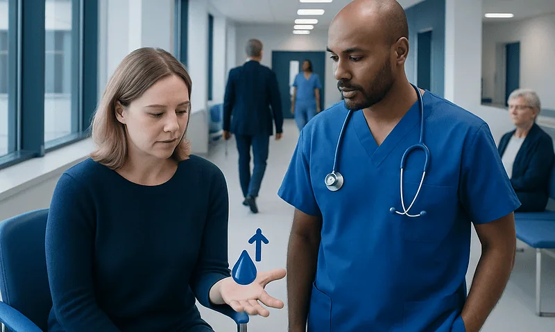 Doctor explaining blood glucose levels to a patient in hospital corridor.