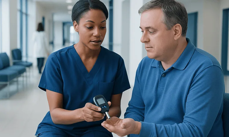 Nurse demonstrating blood glucose monitor to patient in hospital corridor.