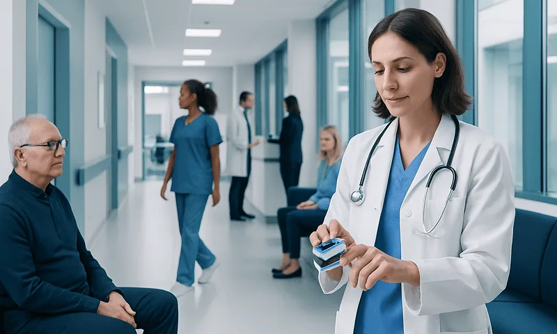 Healthcare professionals and patients in a hospital corridor at Acibadem Hospitals Group.