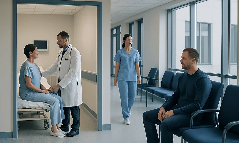 Doctor consulting with patient in hospital corridor, healthcare setting.