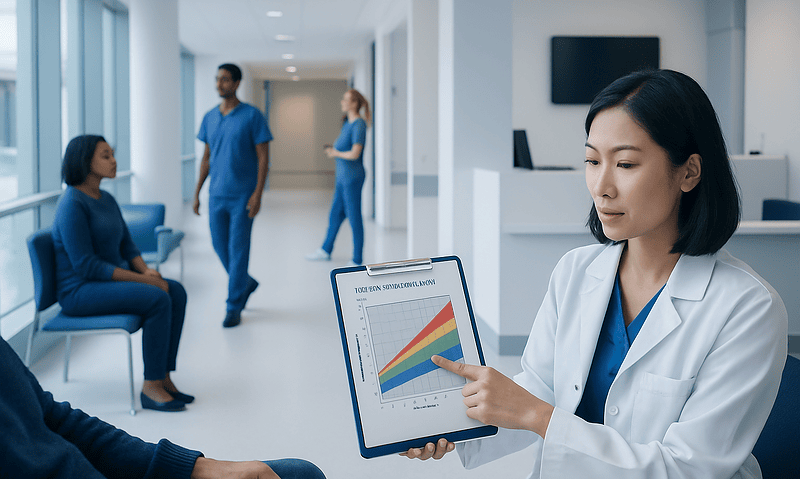 Medical professional explaining blood pressure data to a patient in hospital.