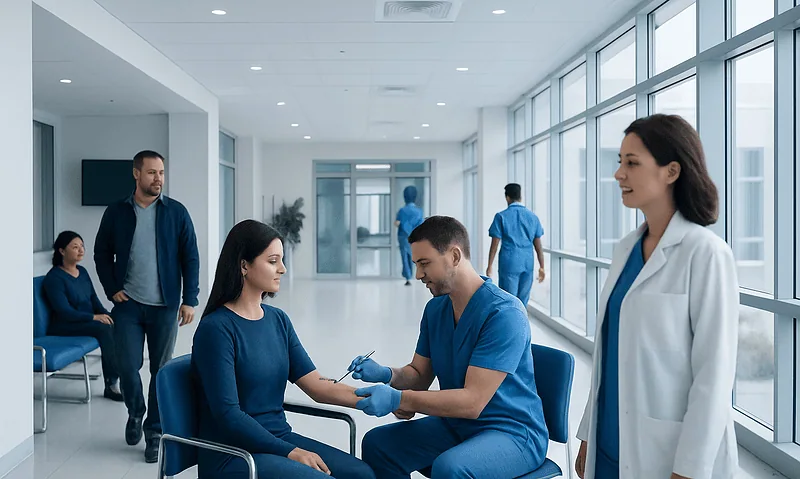 Patient having blood test in a modern hospital corridor with medical staff.