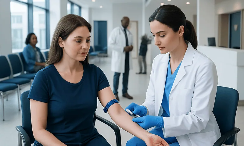 Nurse drawing blood from a patient in a hospital setting.