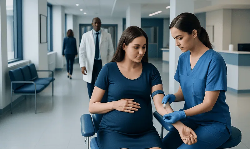 Pregnant woman having blood test at hospital in a clinical setting.