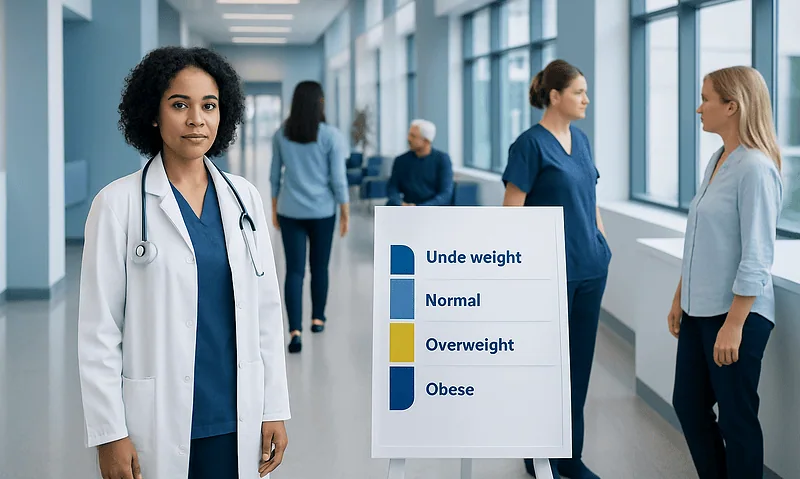 Healthcare professionals discussing BMI categories in a hospital corridor.