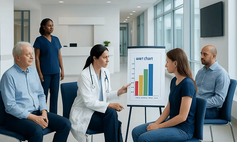 Medical consultation discussing BMI chart with healthcare professionals and patient.
