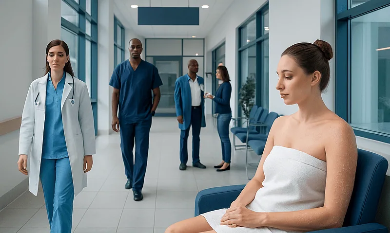Patient waiting in hospital corridor with medical staff nearby.
