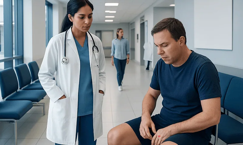 Doctor consulting patient in hospital corridor at Acibadem Hospitals Group.