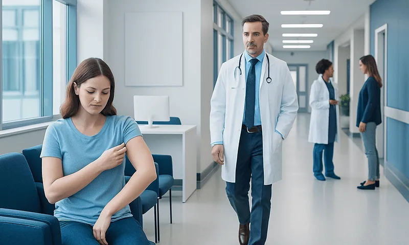 Young woman with a boil under her armpit in a hospital corridor.