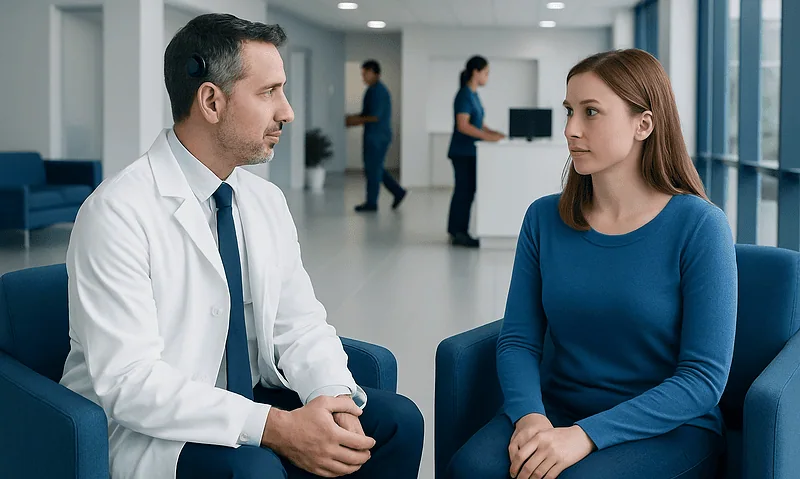 Doctor consulting with a young female patient in a modern hospital waiting area.