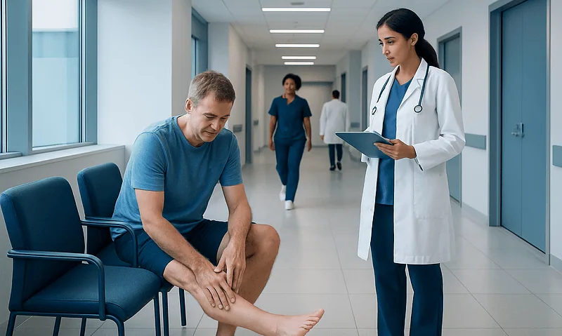 Doctor examining patient's leg in hospital corridor.