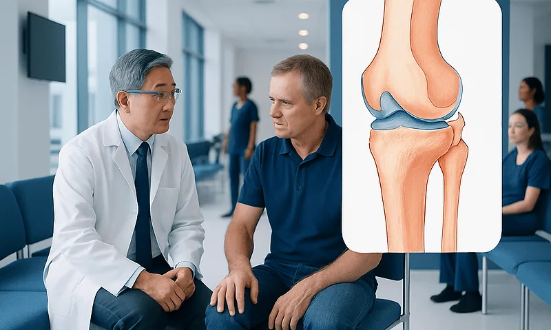 Doctor explaining knee joint issues to patient in a hospital setting.