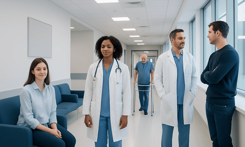 Medical team consulting in a hospital corridor at Acibadem Hospitals Group.