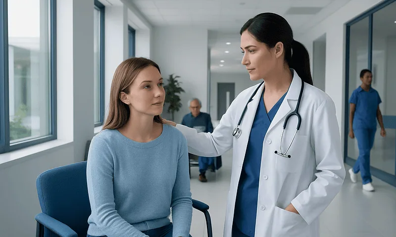 Doctor consulting with a patient in a modern hospital corridor.
