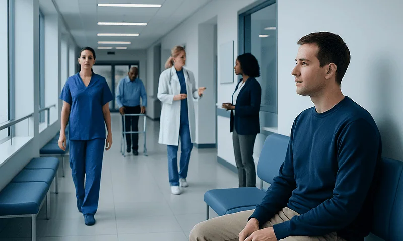 Patients waiting in a hospital corridor with medical staff nearby.