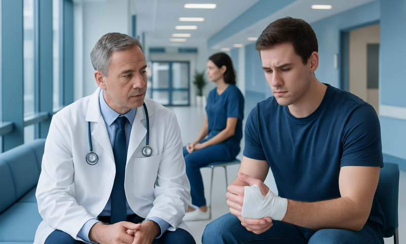 Doctor examining young man's hand in hospital corridor.