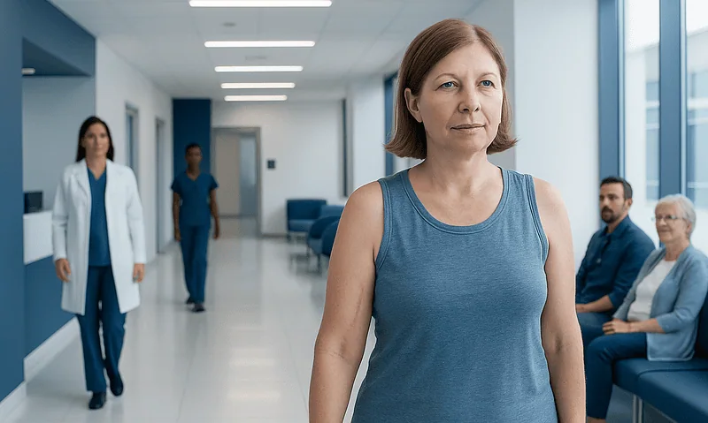Woman waiting in hospital corridor with medical staff and patients in background.