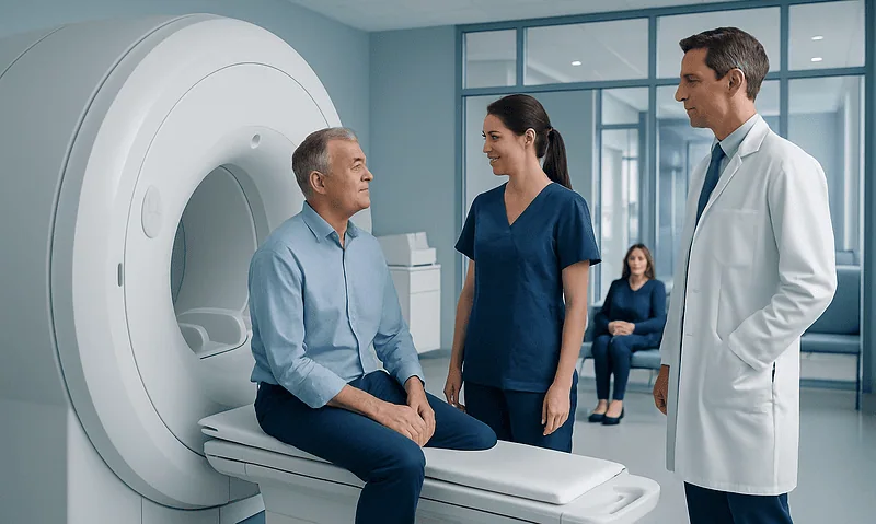 Patient undergoing brain MRI scan with medical staff present.