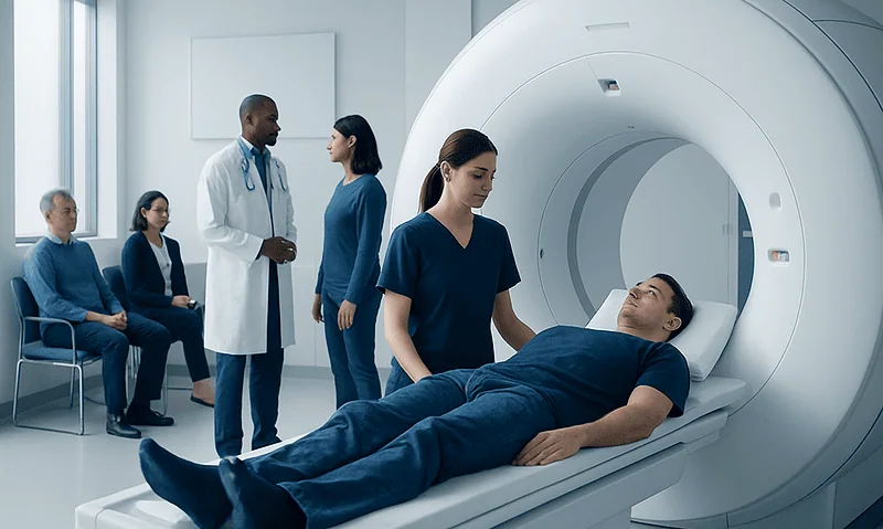 Patient undergoing MRI scan in a modern hospital setting.