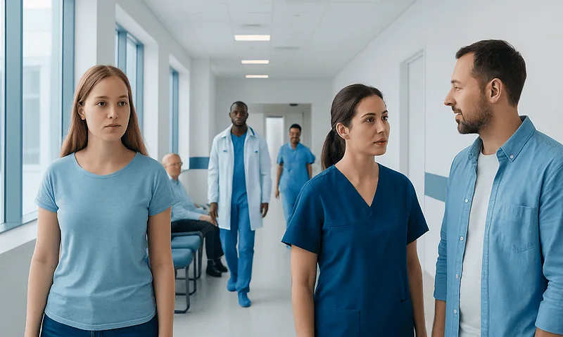 Medical staff and patients in hospital corridor at Acibadem Hospitals Group.