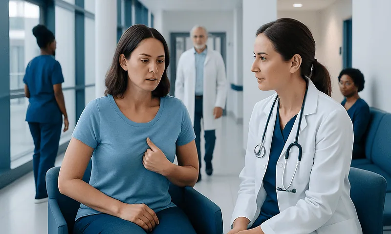 Patient consulting with doctor in hospital corridor at Acibadem Hospitals.