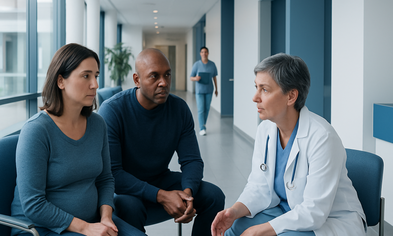 Breast Biopsy: A Complete Clinical Guide for Patients 18 Doctor discussing breast biopsy with patients in a hospital corridor.