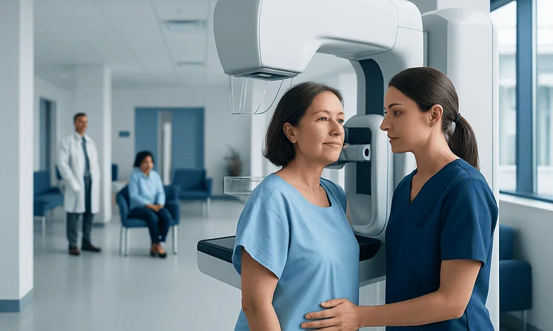 Breast mammogram being performed by healthcare professionals at Acibadem Hospital.