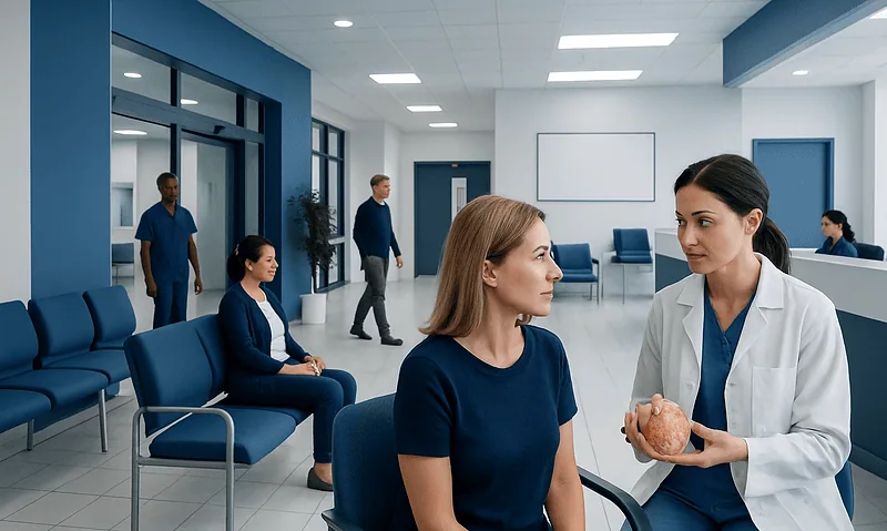Doctor explaining breast cyst to patient in hospital waiting area.