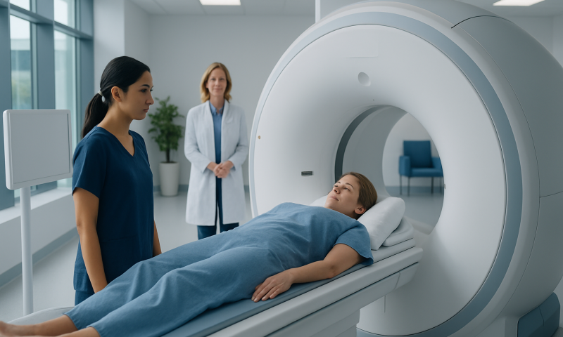 Patient undergoing breast MRI scan in a modern hospital setting.