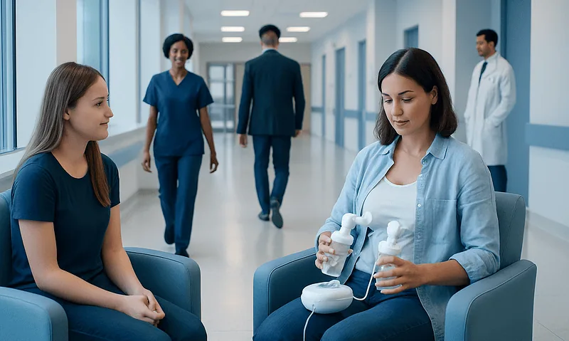 Woman using breast pump in hospital corridor with medical staff nearby.