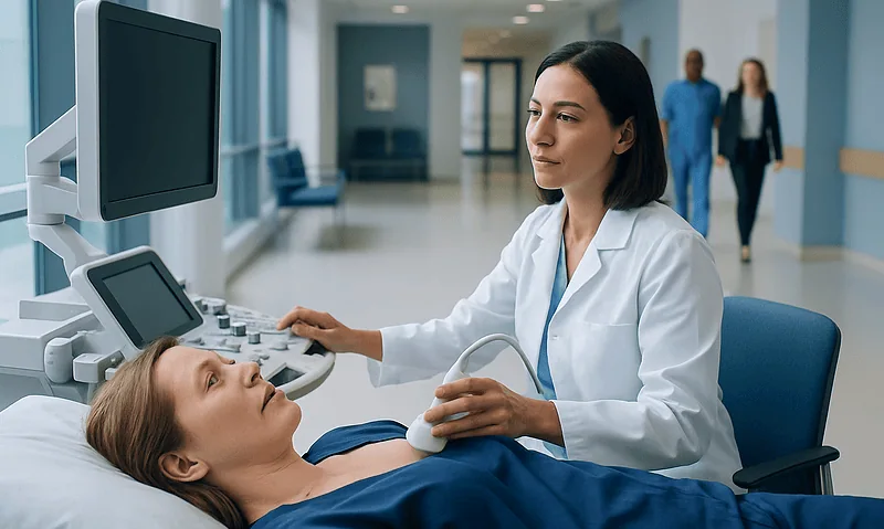Doctor performing breast ultrasound on patient in hospital setting.