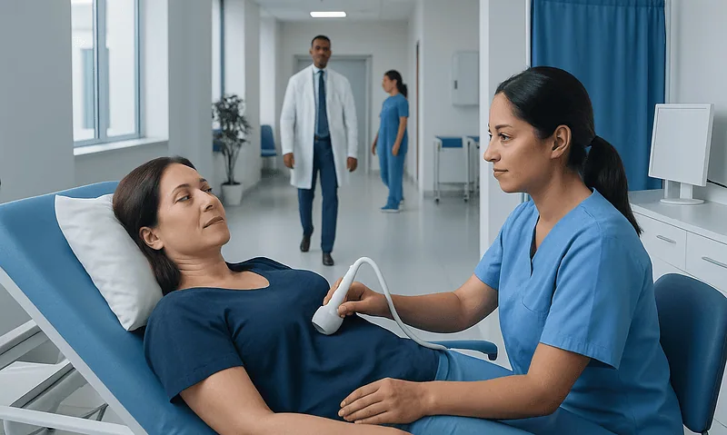 Doctor performing breast ultrasound on patient in hospital room.
