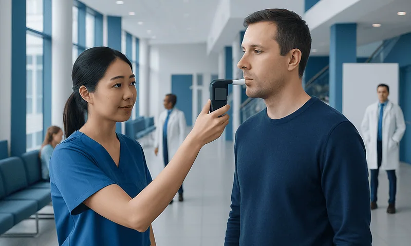 Medical professional administering a breathalyzer test to a patient in a hospital corridor.