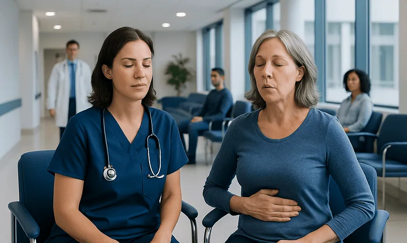 Patient practicing breathing exercise with nurse in hospital waiting area.