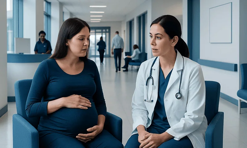 Pregnant woman consulting with a doctor in a hospital corridor.
