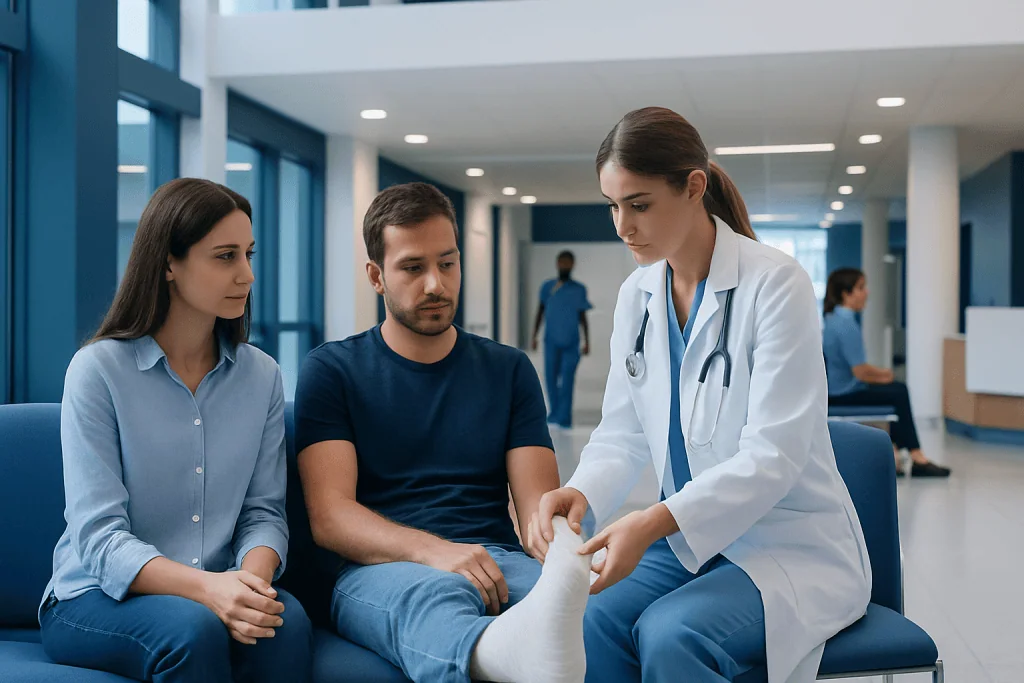 Broken 5th Metacarpal Foot: A Complete Medical Overview 1 Doctor examining patient's foot in hospital corridor.