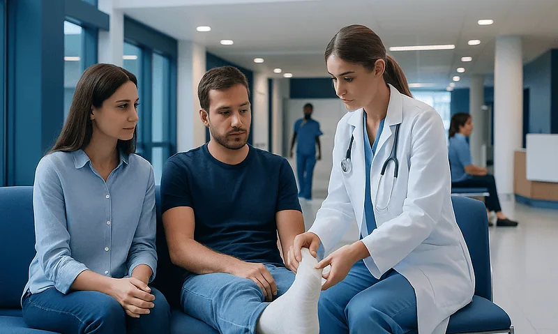 Doctor examining patient's foot in hospital corridor.
