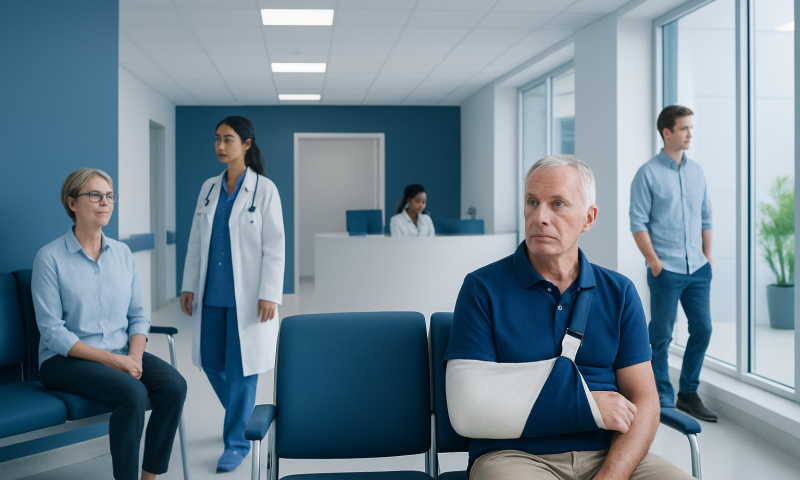 Patient with arm injury waiting in hospital corridor at Acibadem Hospitals Group.
