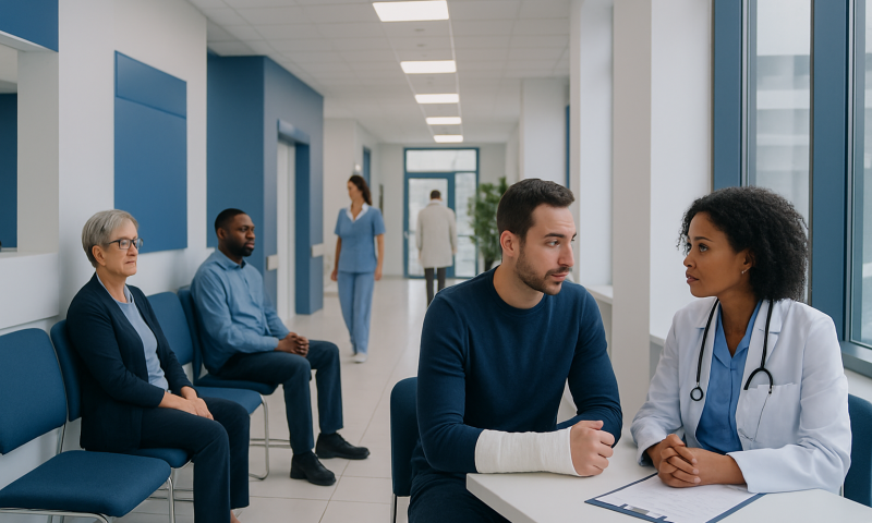 Medical consultation at Acibadem Hospital with diverse patients and doctor.