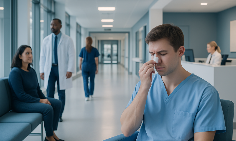 Young man with a broken nose in a hospital waiting area.